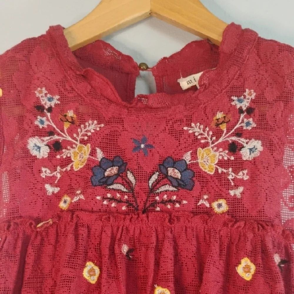 Mi ami Red Sleeveless Ruffled Crew Neck Floral Embroidered Sleeveless Sundress S